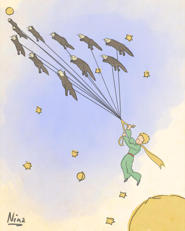 The Little Prince flying with sea otters